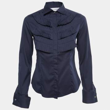Pre Owned Max Mara Dark Blue Stretch Cotton Pleated Shirt XS