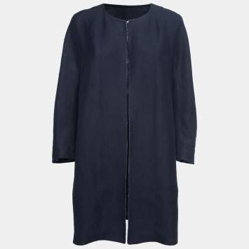 Pre Owned Max Mara Navy Blue Linen Blend Open Long Coat L