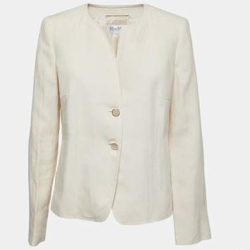 Pre Owned Max Mara Cream Linen Round-Neck Buttoned Blazer L