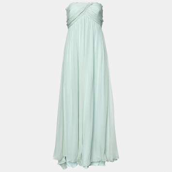 Pre Owned Max Mara Powder Blue Draped Silk Chiffon Strapless Dress M