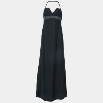 Pre Owned Max Mara Black Crepe & Satin Bustier Detail Maxi Dress M