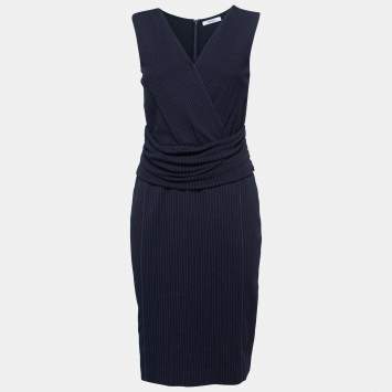 Pre Owned Max Mara Navy Blue Striped Draped Jersey & Crepe Sleeveless Midi Dress M