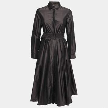 Pre Owned Max Mara Dark Brown Silk Belted Shirt Dress S