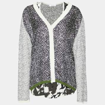 Pre Owned Max Mara Monochrome Knit & Silk Paneled Top & Cardigan Set L
