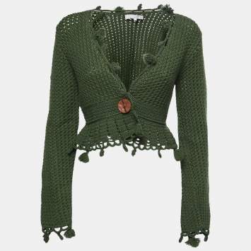 Pre Owned Max Mara Olive Green Wool Crochet Knit Crop Cardigan L