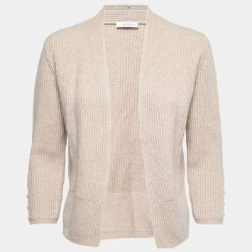Pre Owned Max Mara Beige Cotton & Cashmere Open Front Knit Cardigan M