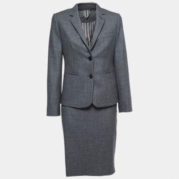 Pre Owned Max Mara Grey Patterned Wool Skirt Suit S