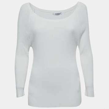 Pre Owned Max Mara White Stretch Knit Long Sleeve Top XXL