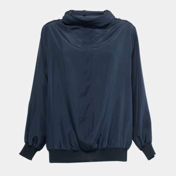 Pre Owned Max Mara Navy Blue Silk Oversized Turtleneck Top XS