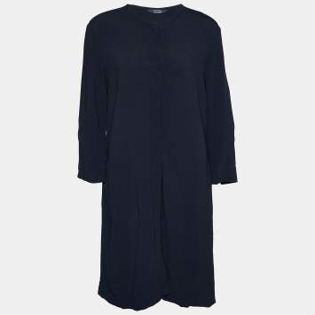 Pre Owned S'Max Mara Navy Blue Crepe Button Front Shirt Midi Dress M