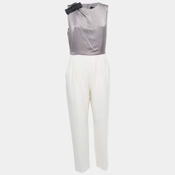 Pre Owned Max Mara Grey/Cream Silk & Crepe Bow Detailed Sleeveless Jumpsuit M