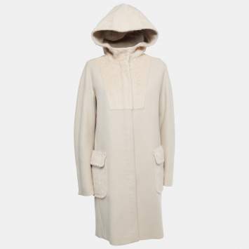 Pre Owned Max Mara Beige Wool and Fur Zip Front Hooded Coat