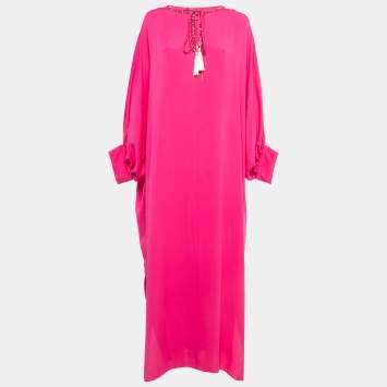 Pre Owned Max Mara Pink Silk Embellished Neck Ocroma Maxi Kaftan L