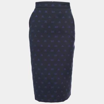 Pre Owned Max Mara Navy Blue Alphabets Patterned Cotton Blend Pencil Skirt XS