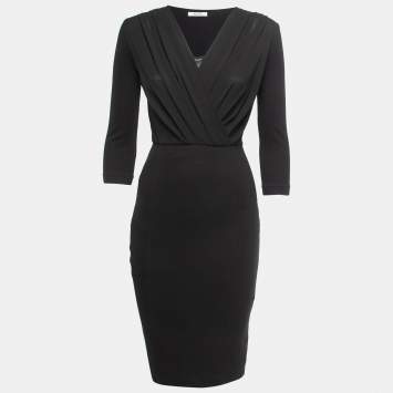 Pre Owned Max Mara Black Crepe & Knit Wrap Effect Midi Dress XS