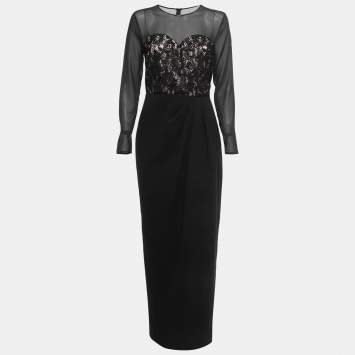 Pre Owned Max Mara Black Crepe Embellished Lace Trim Long Sleeve Draped Maxi Dress M