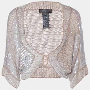 Pre Owned Max Mara Brown Sequined Knit Cropped Cardigan L
