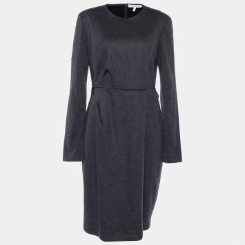 Pre Owned Max Mara Charcoal Grey Wool Draped Midi Dress L