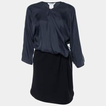 Pre Owned Max Mara Navy Blue Silk & Crepe Draped Midi Dress M