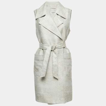 Pre Owned Max Mara White Jacquard Sleeveless Belted Coat M