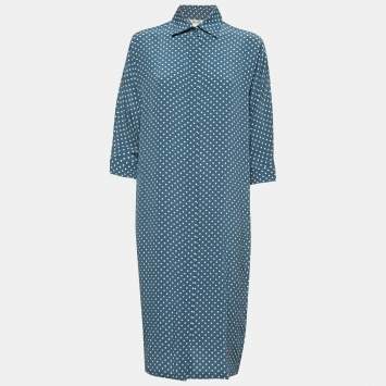 Pre Owned Max Mara Blue Polka Dotted Silk Button Front Midi Shirt Dress S