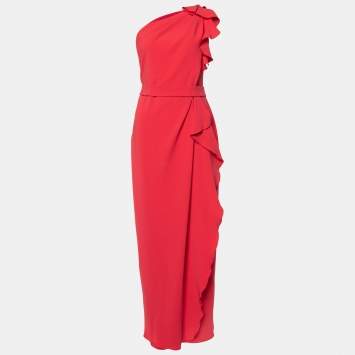 Pre Owned Max Mara Coral Pink Crepe Ruffled One Shoulder Dress S