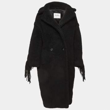 Pre Owned Max Mara Black Fringe Detail Wool Teddy Bear Double Breasted Coat S