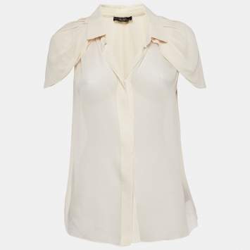 Pre Owned Max Mara Cream Silk Crepe Cape Sleeve Semi Sheer Shirt M