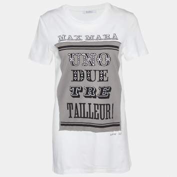 Pre Owned Max Mara White Logo Print Cotton Crew Neck T-Shirt S
