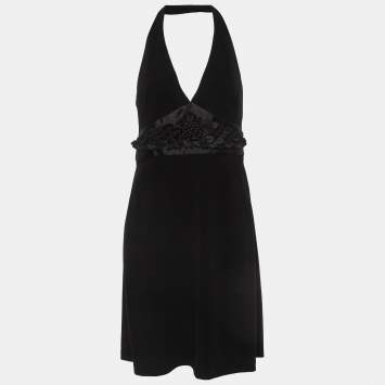 Pre Owned Max Mara Black Crepe Floral Detail Halter Neck Dress M