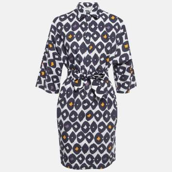 Pre Owned Max Mara Blue Printed Poplin Belted Short Dress M