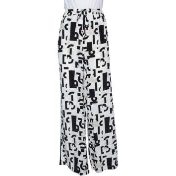 Pre Owned Max Mara Studio Monochrome Silk Elasticized Waist Wide Leg Pants L