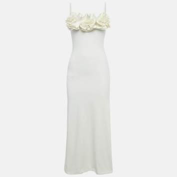 Pre Owned Maygel Coronel White Lycra Ruffle Detail Long Aura Dress One Size 