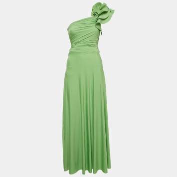 Pre Owned Maygel Coronel Green Jersey One Shoulder Maxi Dress One Size 