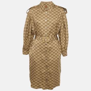 Pre Owned فستان مكم بني ليوسل بشعار بحزام ميدي مقاس متوسط (ميديم)