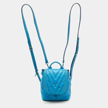 Pre Owned MCM Blue Leather Diamond Disco Studded Mini Backpack