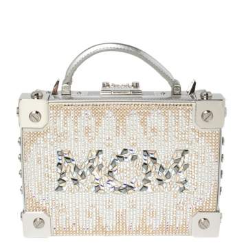 Pre Owned MCM Silver Leather Swarovski Crystal Embellished Berlin Box Bag