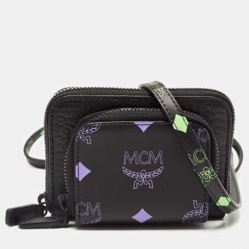 Pre Owned MCM Black/Pruple Leather Color Splash Logo Zip Around Wallet Bag
