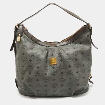 Pre Owned MCM Grey/Brown Visetos Coated Canvas and Leather Pleated Hobo