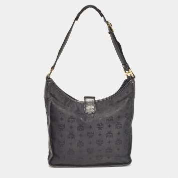 Pre Owned MCM Black Visetos Nylon and Leather Zip Shoulder Bag