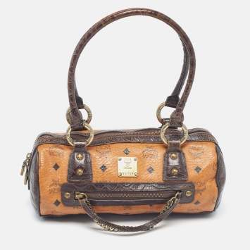 Pre Owned MCM Dark Brown/Cognac Visetos Coated Canvas and Python Embossed Leather Satchel