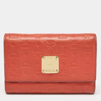 Pre Owned MCM Brick Red Visetos Embossed Leather Trifold Wallet
