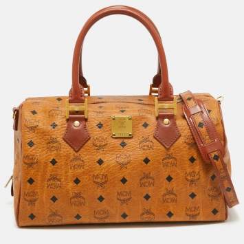 Pre Owned MCM Cognac Visetos Coated Canvas Large Heritage Boston Bag