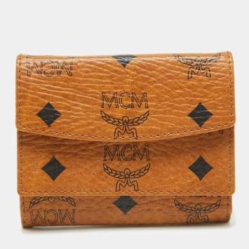 Pre Owned MCM Cognac Visetos Coated Canvas Trifold Compact Wallet