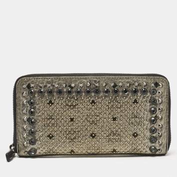 Pre Owned MCM Metallic Grey Leather Crystals Embellished Zip Continental Wallet