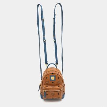 Pre Owned MCM Tan/Blue Cognac Visetos Coated Canvas and Leather Mini Stark Backpack