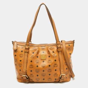 Pre Owned MCM Cognac Visetos Coated Canvas and Leather Zip Tote