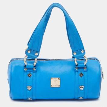 Pre Owned MCM Blue Leather Studded Heritage Barrel Bag