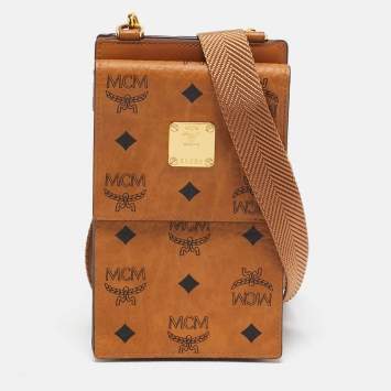 Pre Owned MCM Cognac Visetos Coated Canvas and Leather Phone Crossbody Bag