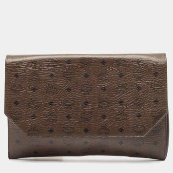 Pre Owned MCM Dark Brown Visetos Coated Canvas and Leather Envelope Clutch